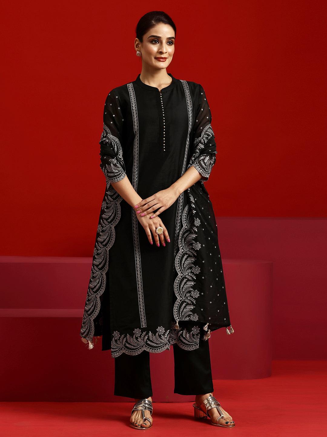 Jashvi Art Black Embroidered Chanderi Silk Straight Suit With Dupatta - Jashvi