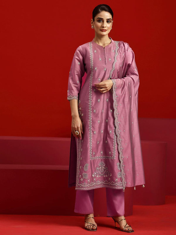 Jashvi Art Mauve Embroidered Chanderi Silk Straight Suit With Dupatta - Jashvi