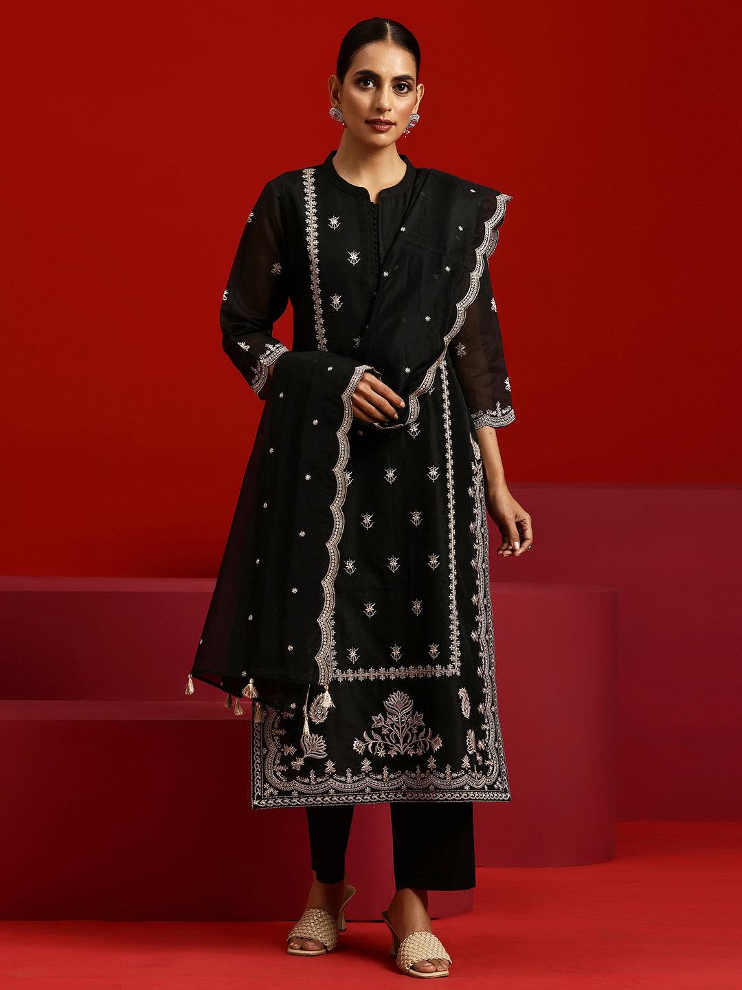 Jashvi Art Black Embroidered Chanderi Silk Straight Suit With Dupatta - Jashvi