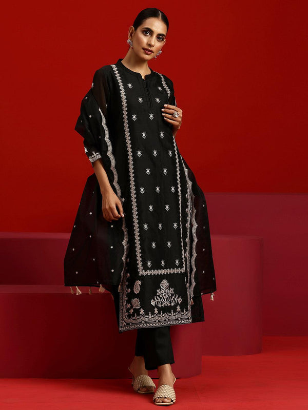 Jashvi Art Black Embroidered Chanderi Silk Straight Suit With Dupatta