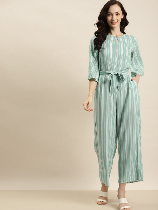 Women's Mint Rayon Striped Jumpsuit with Waist Tie-Up - Juniper