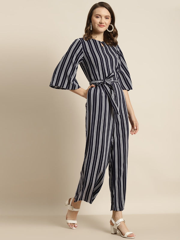 Women's Navy Rayon Stripes Print Jumpsuit - Juniper