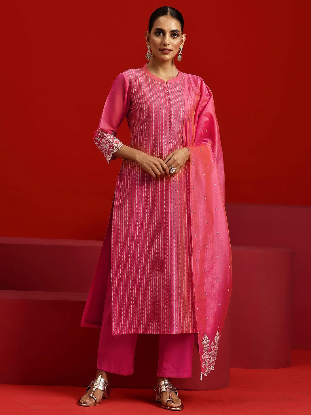 Jashvi Art Pink Embroidered Chanderi Silk Straight Suit With Dupatta - Jashvi