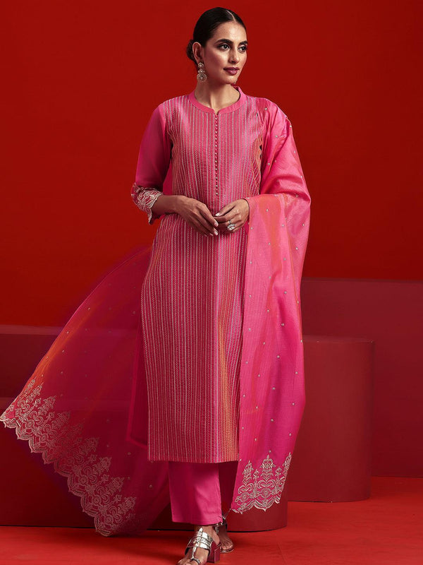 Jashvi Art Pink Embroidered Chanderi Silk Straight Suit With Dupatta