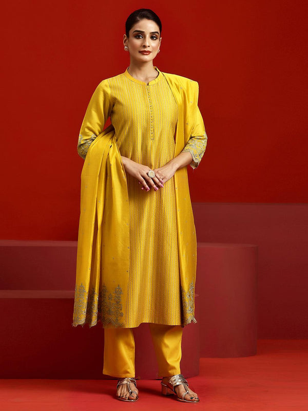 Jashvi Art Yellow Embroidered Chanderi Silk Straight Suit With Dupatta - Jashvi