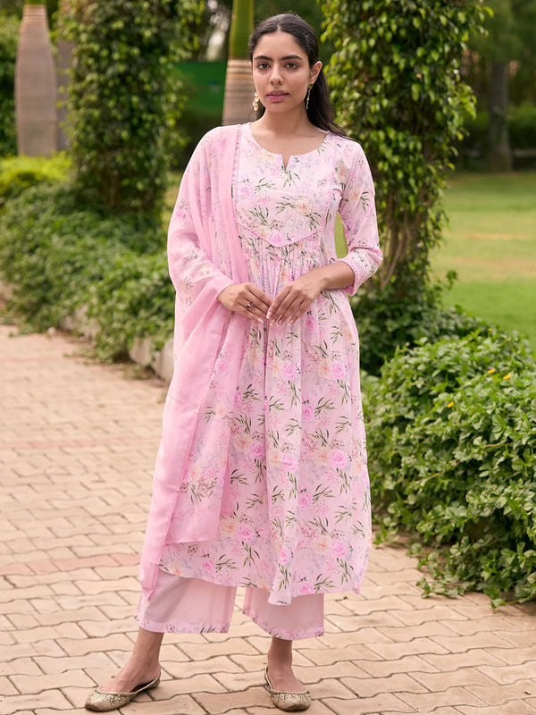 Pink Printed Cotton Blend A-Line Kurta With Palazzos & Dupatta