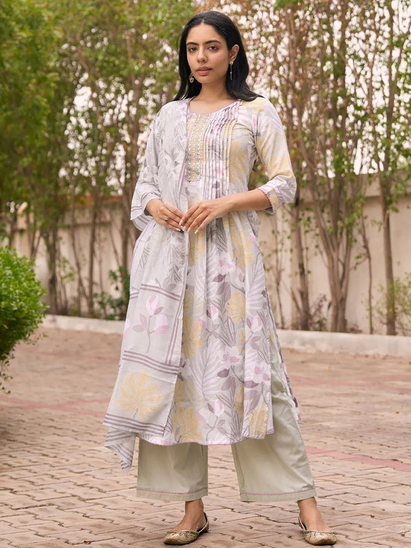 Grey Printed Cotton Blend A-Line Kurta With Palazzos & Dupatta