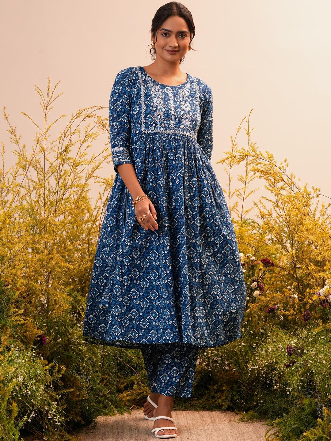 Indigo Printed Cotton A-Line Kurta With Trousers - Jashvi