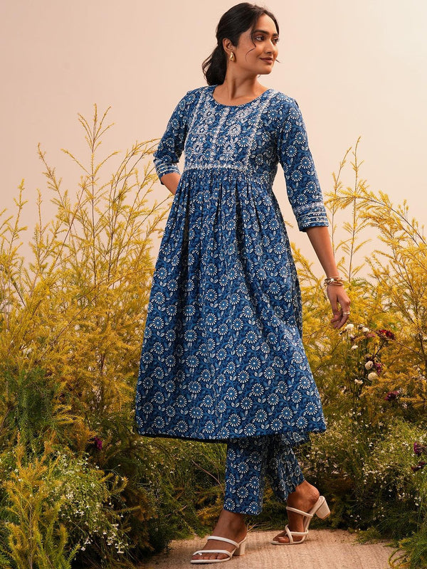 Indigo Printed Cotton A-Line Kurta With Trousers