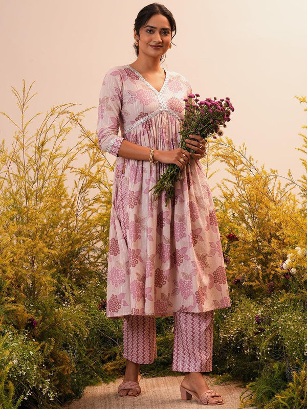 Mauve Printed Cotton A-Line Kurta With Trousers - Jashvi