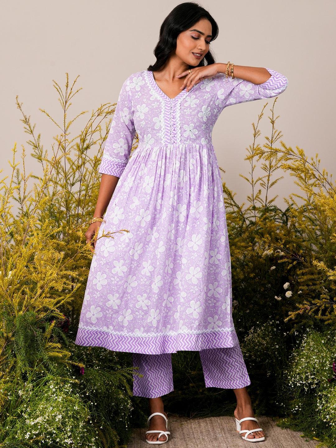 Lavender Printed Cotton Anarkali Kurta Set - Jashvi