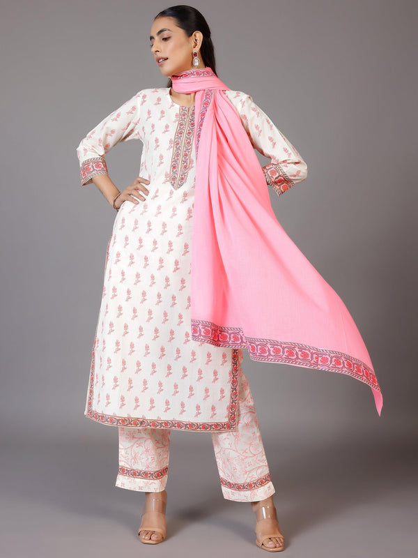 Off White Printed Cotton Straight Suit With Dupatta - Jashvi