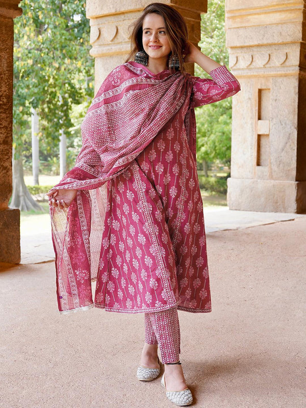 Burgundy Printed Cotton A-Line Kurta With Palazzos & Dupatta - Jashvi