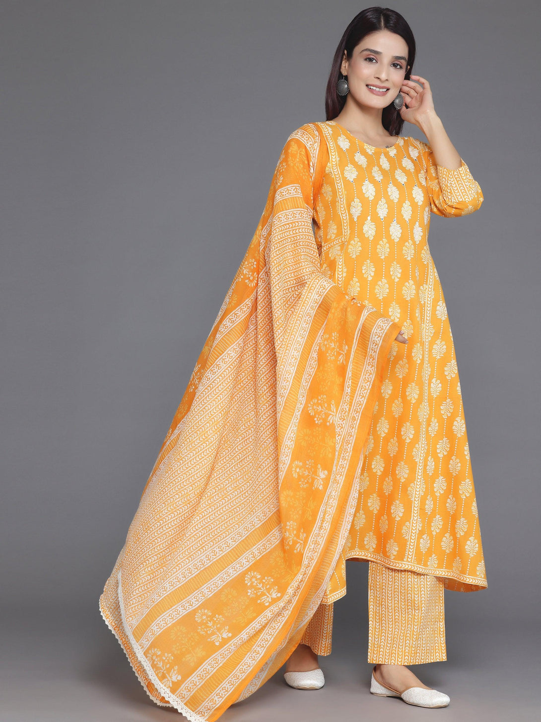 Mustard Printed Cotton A-Line Kurta With Palazzos & Dupatta - Jashvi