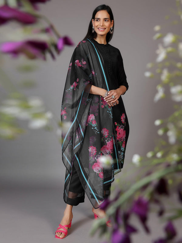 Black Self Design Silk Blend Straight Suit With Dupatta - Jashvi