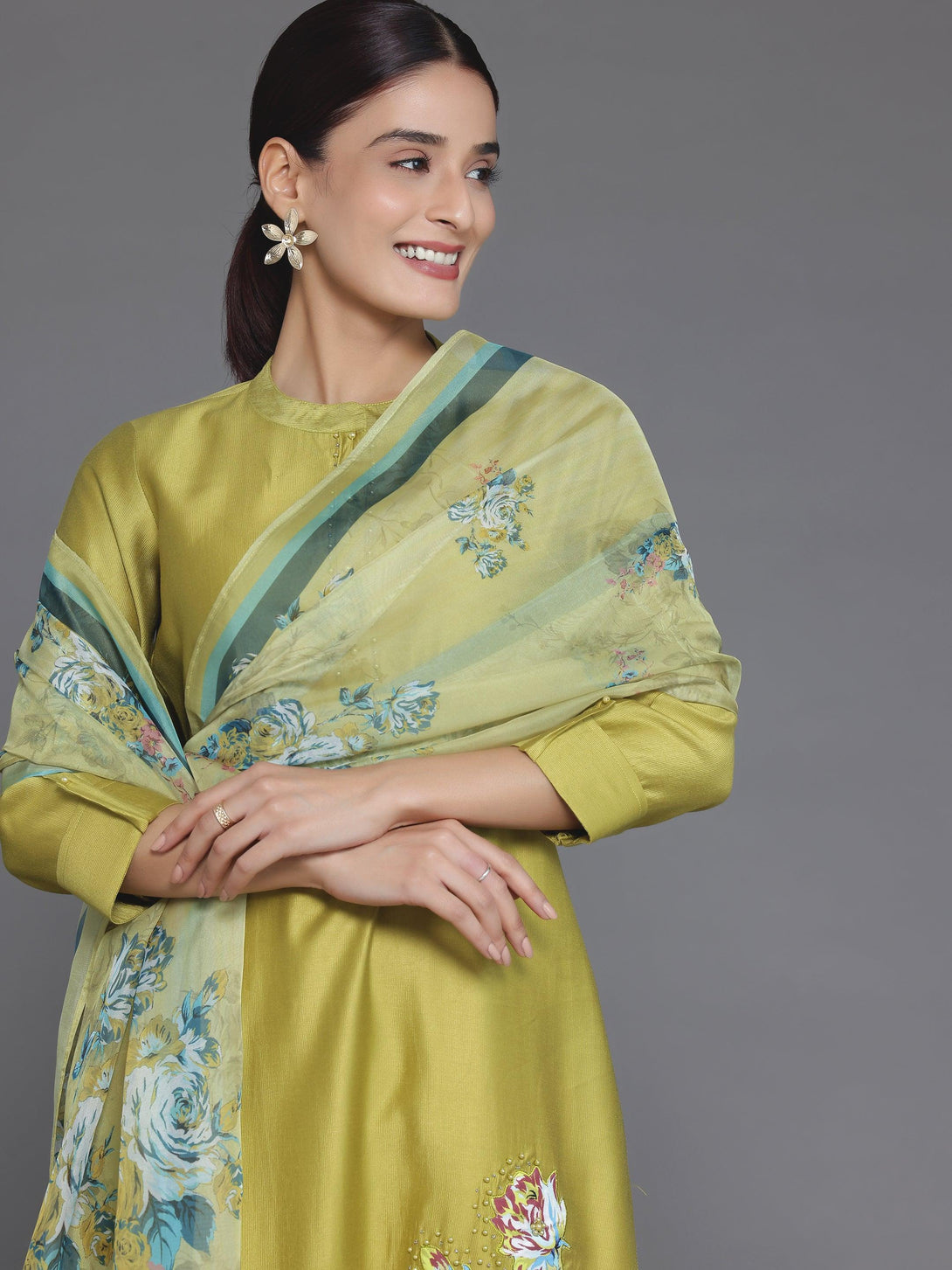 Green Self Design Silk Blend Straight Suit With Dupatta - Jashvi