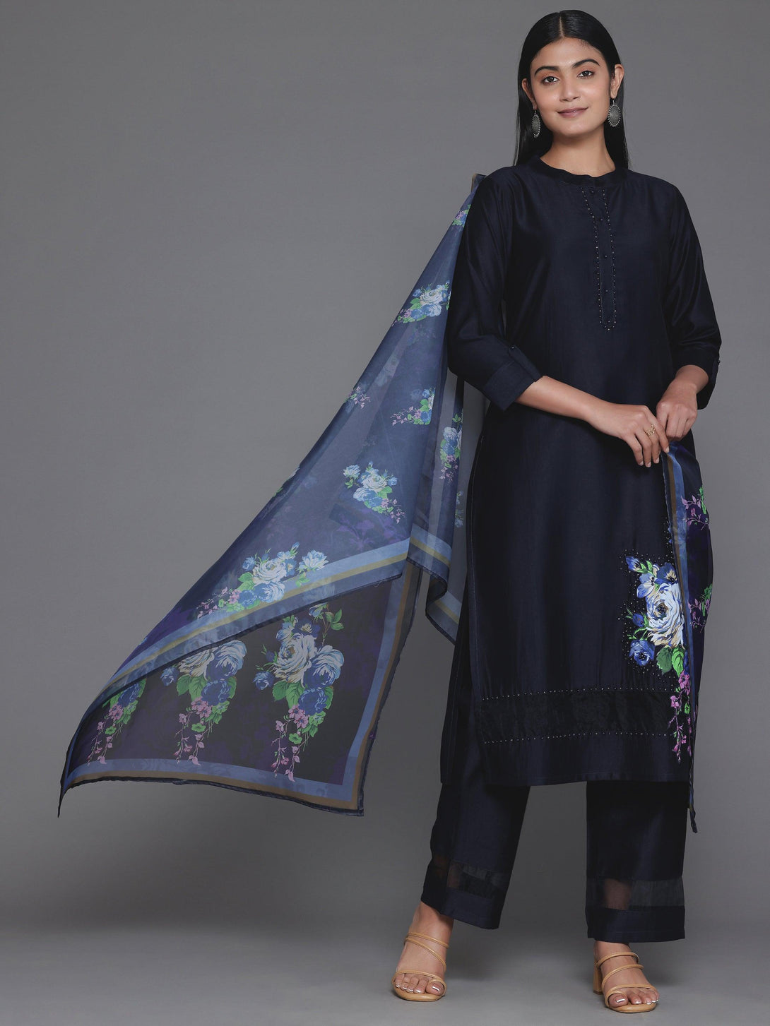 Navy Blue Self Design Silk Blend Straight Suit With Dupatta - Jashvi