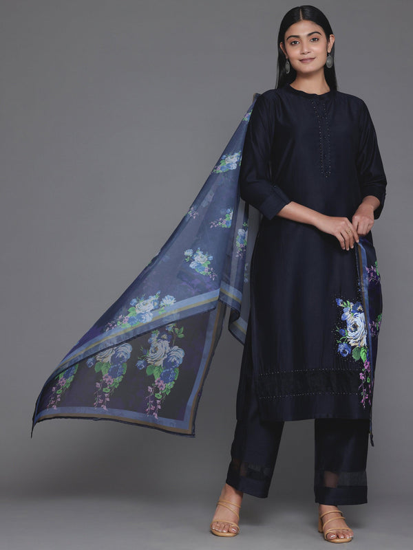 Navy Blue Self Design Silk Blend Straight Suit With Dupatta - Jashvi