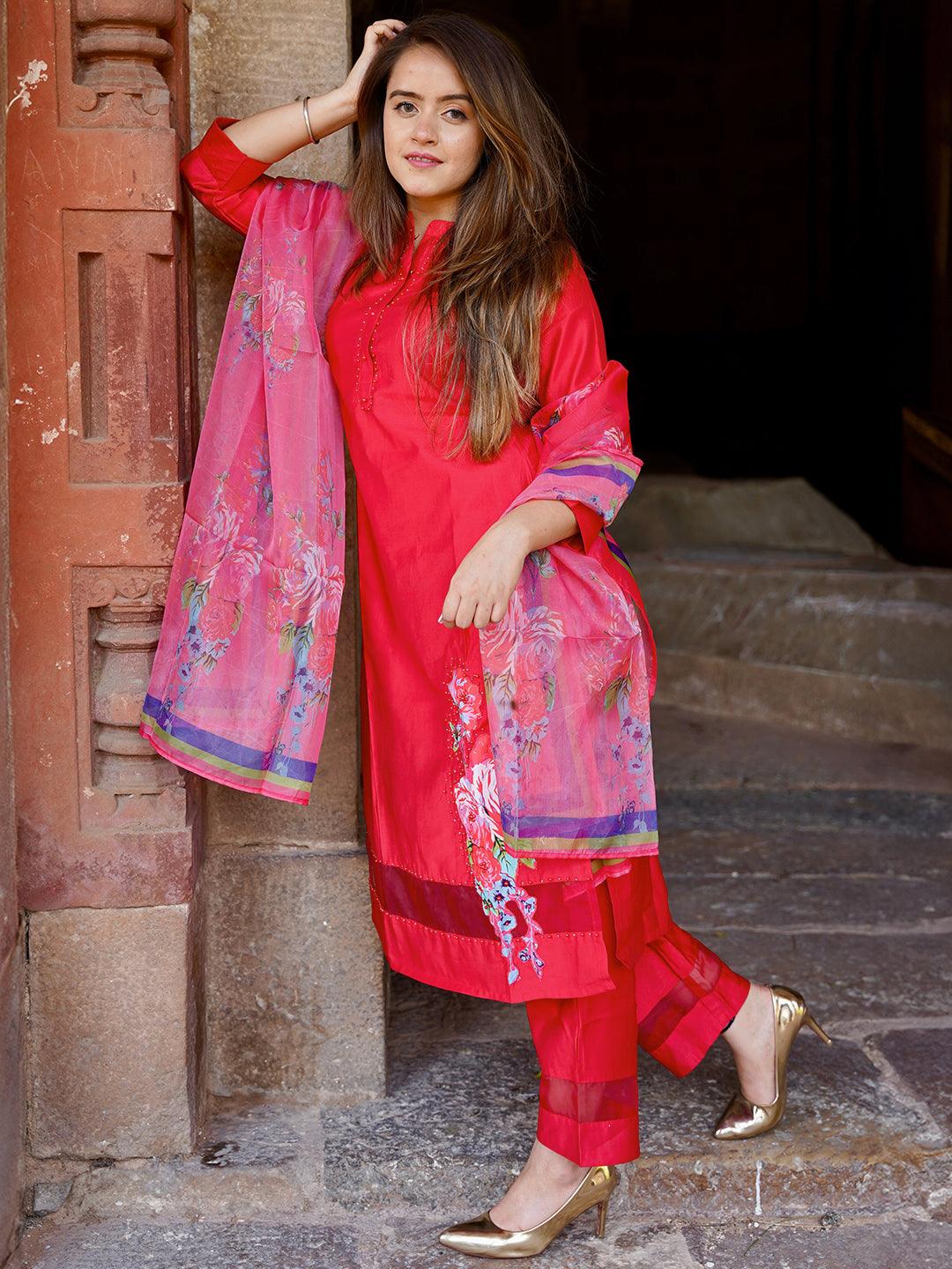 Red Self Design Silk Blend Straight Suit With Dupatta - Jashvi