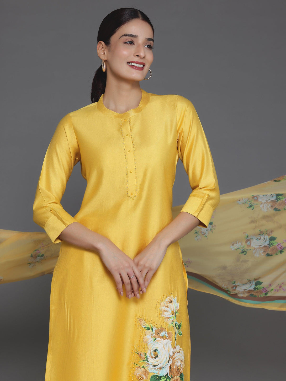 Mustard Self Design Silk Blend Straight Suit With Dupatta - Jashvi