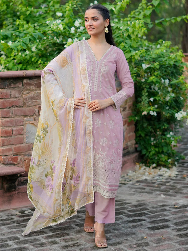 Lilac Embroidered Silk Blend Straight Suit With Dupatta