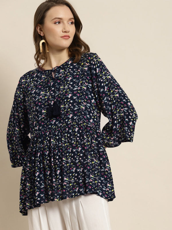 Women's Navy Rayon Crepe Floral Print Tunic - Juniper