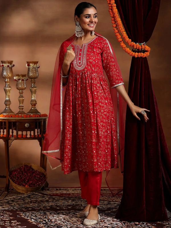 Red Printed Georgette A-Line Kurta With Trousers & Dupatta