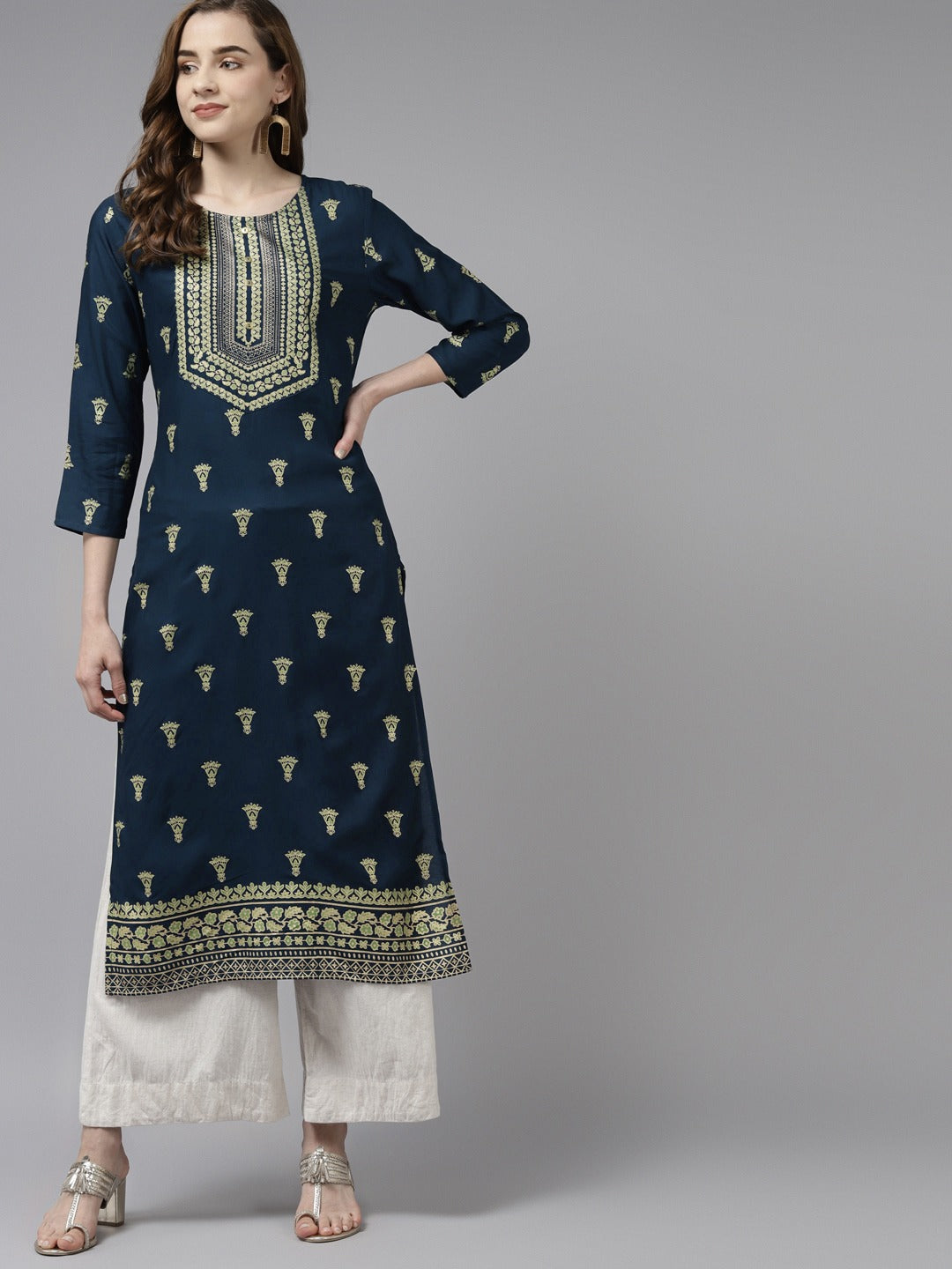 Women's Teal Blue & Green Ethnic Motifs Print Kurta - Yufta