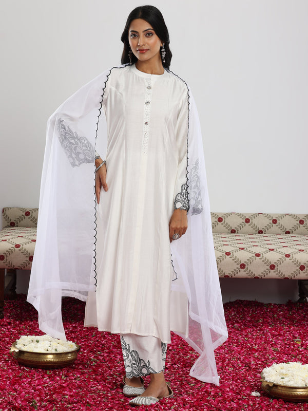 White Solid Silk Blend Straight Suit With Dupatta