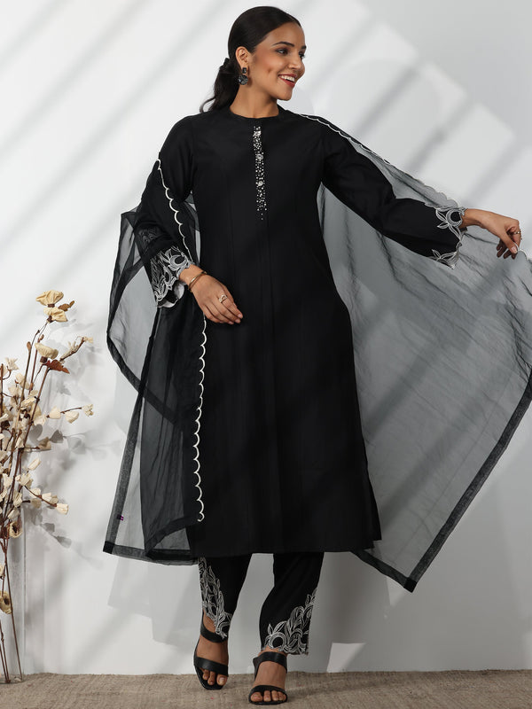 Black Solid Silk Blend Straight Suit With Dupatta