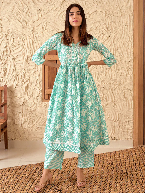 Green Printed Cotton Anarkali Kurta Set