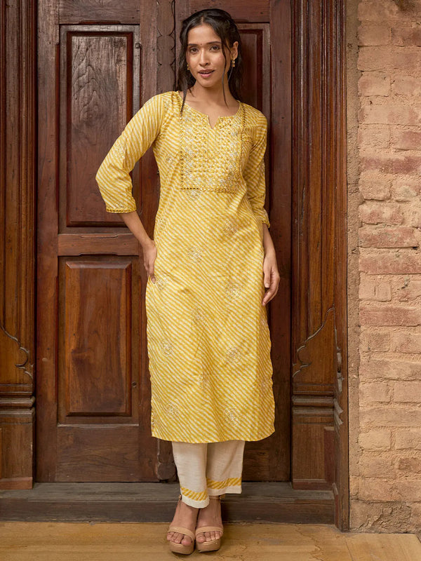 Yellow Printed Cotton Straight Kurta Set