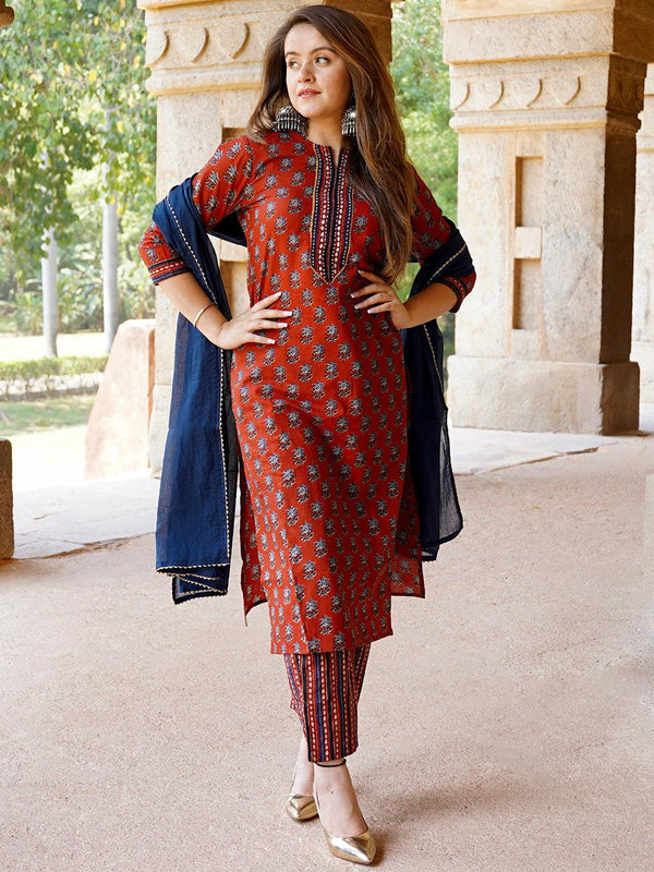 Rust Printed Cotton Straight Suit With Dupatta - Jashvi