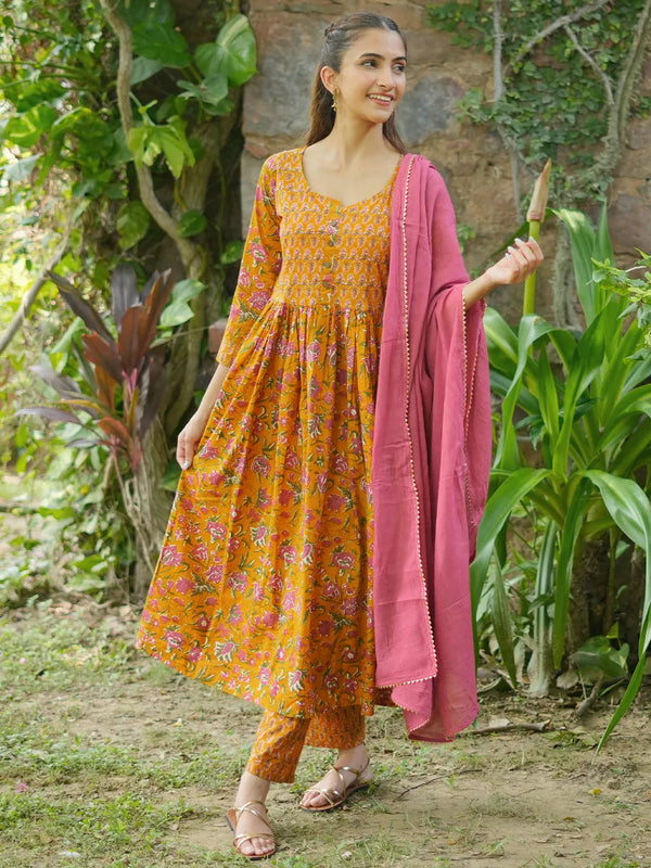 Yellow Printed Pure Cotton Anarkali Suit With Dupatta