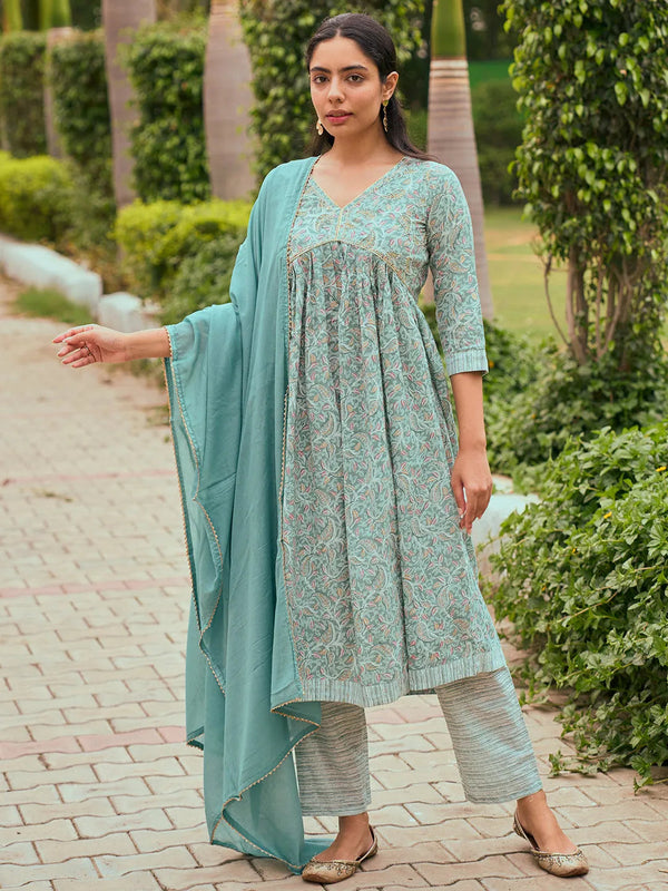 Green Printed Cotton Anarkali Suit With Dupatta