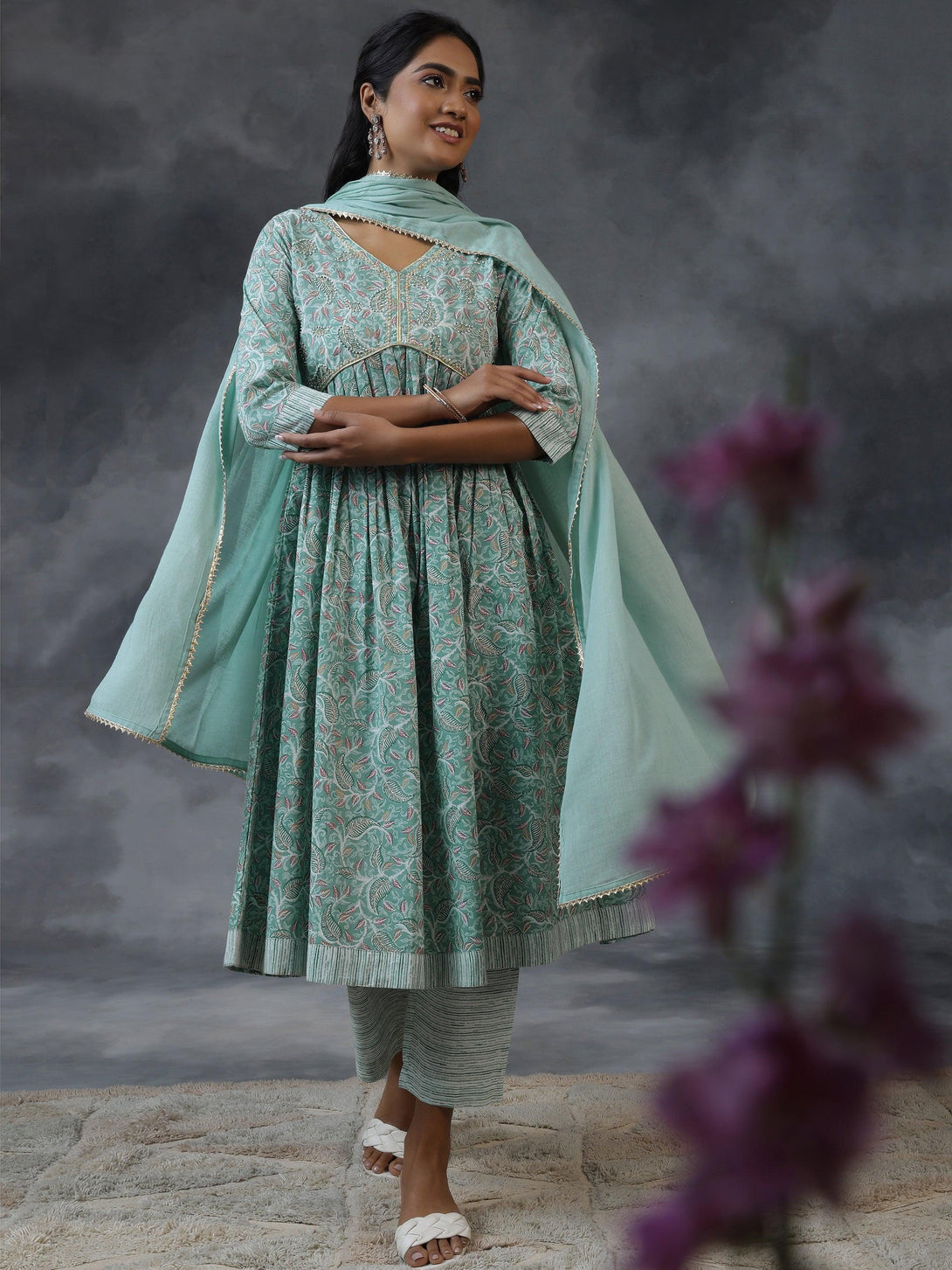 Green Printed Cotton Anarkali Suit With Dupatta - Jashvi