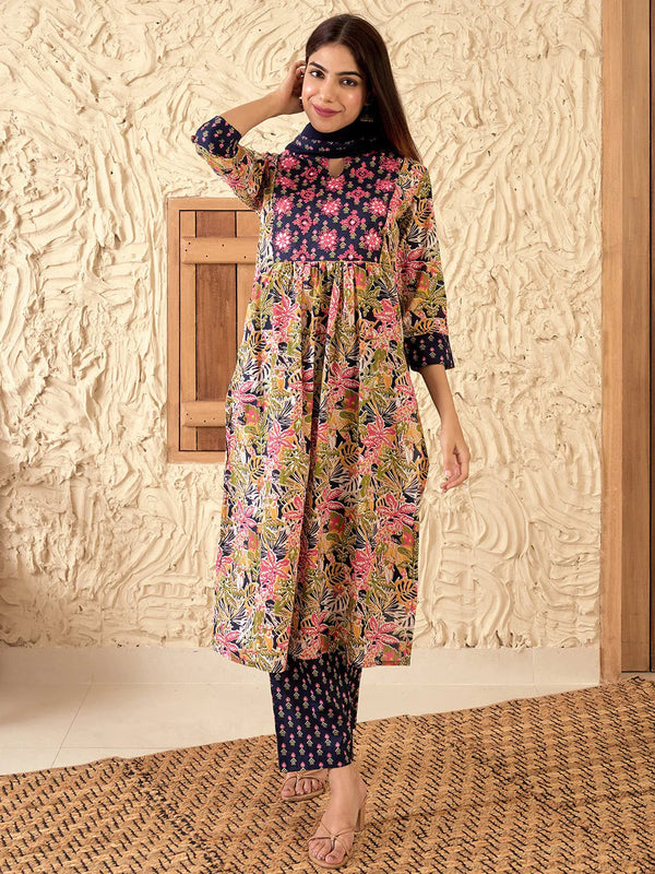 Blue Printed Cotton Straight Suit With Dupatta