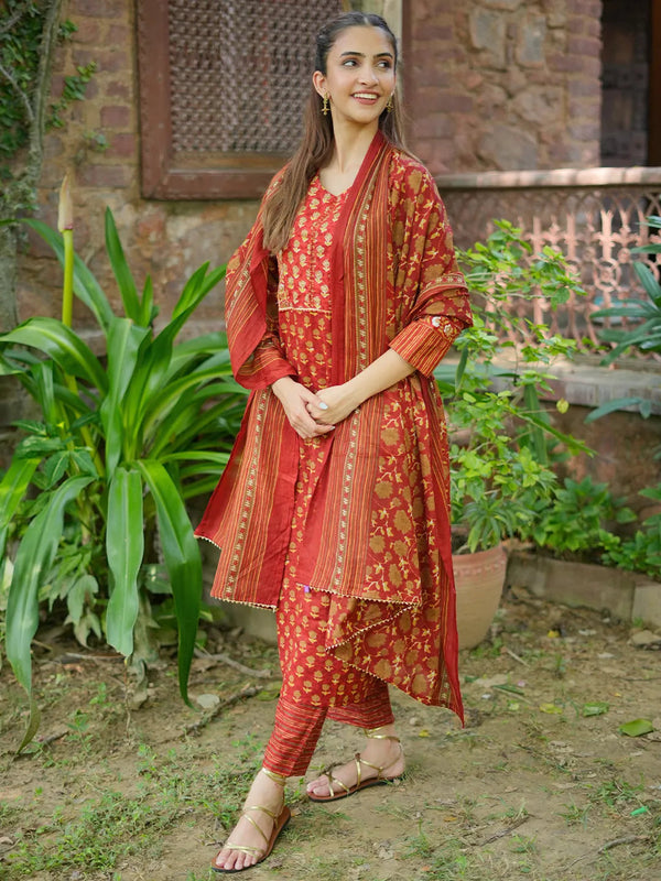 Rust Printed Cotton Straight Suit With Dupatta