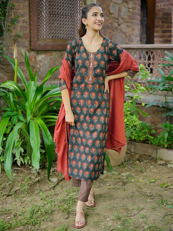 Green Printed Cotton Straight Suit With Dupatta