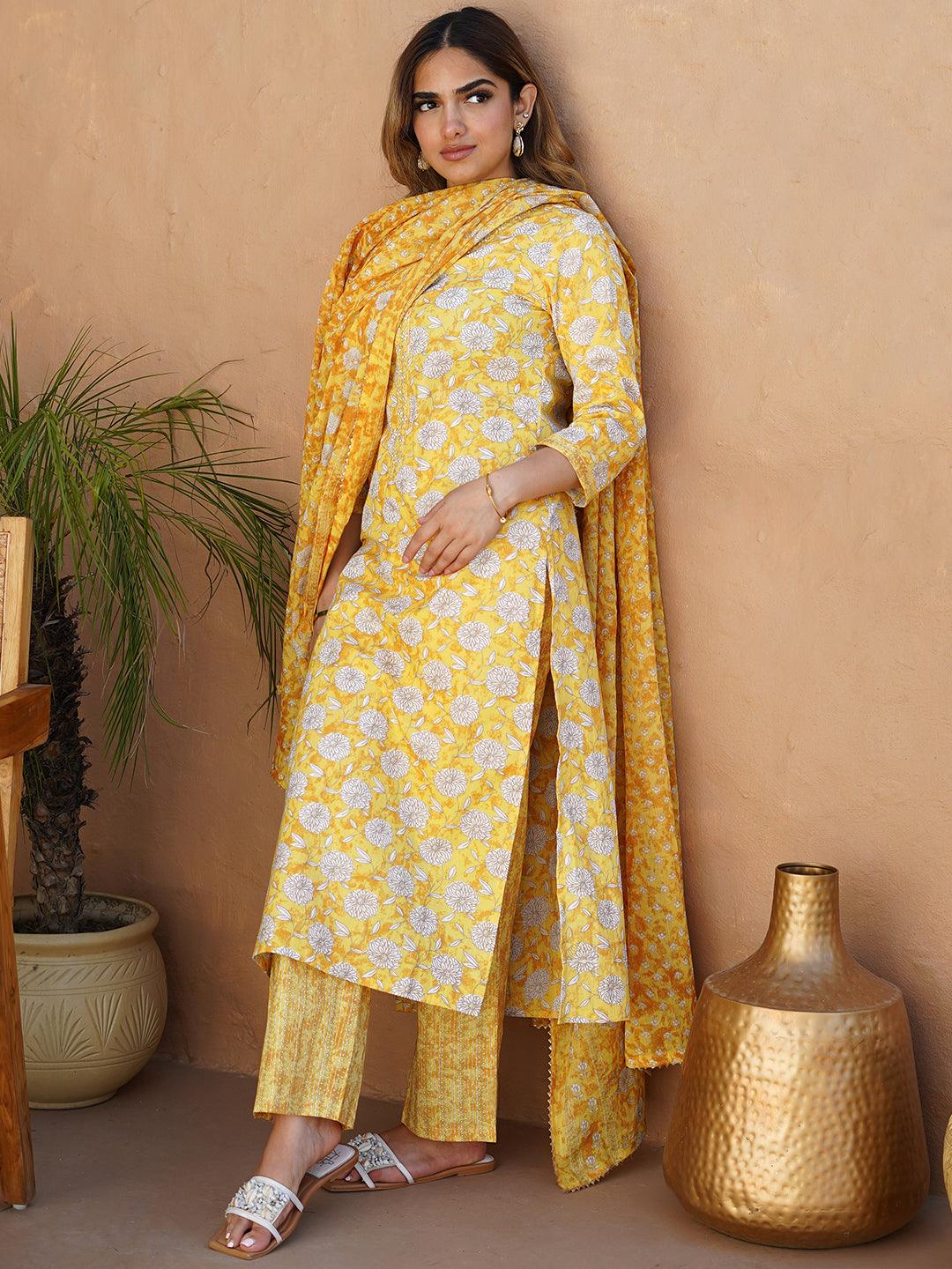 Yellow Printed Cotton Straight Suit With Dupatta - Jashvi