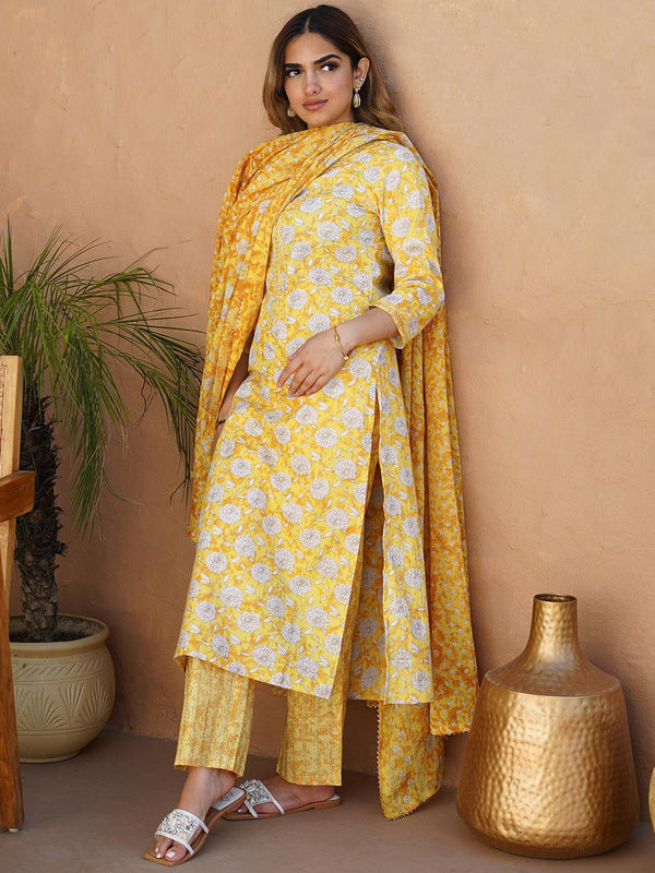 Yellow Printed Cotton Straight Suit With Dupatta - Jashvi