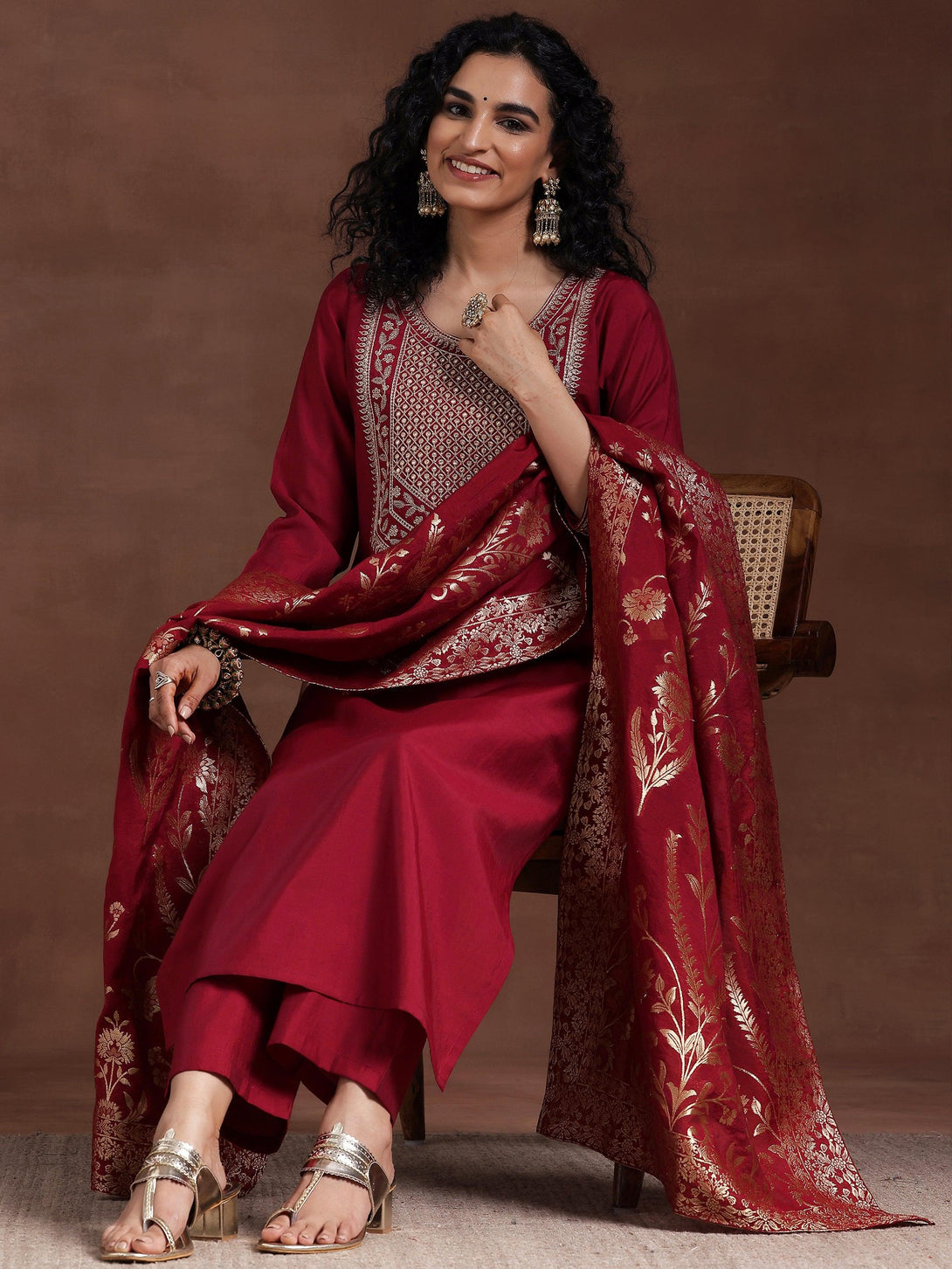 Maroon Yoke Design Silk Blend Straight Suit With Dupatta - Jashvi