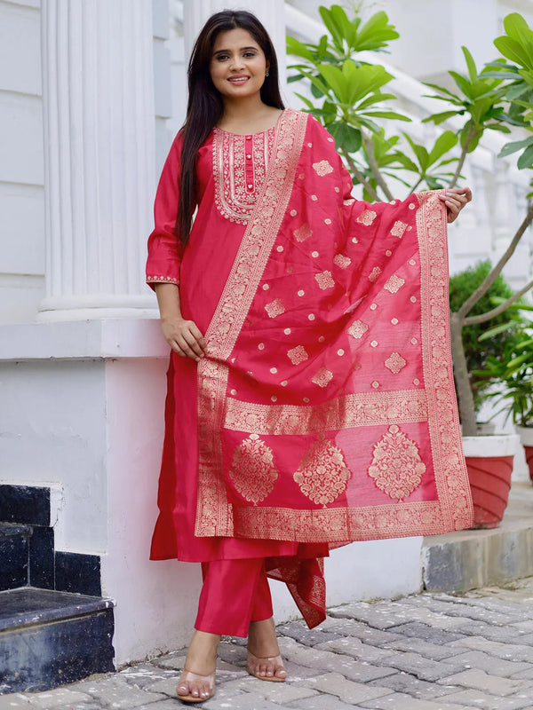 Pink Yoke Design Silk Blend Straight Suit With Dupatta