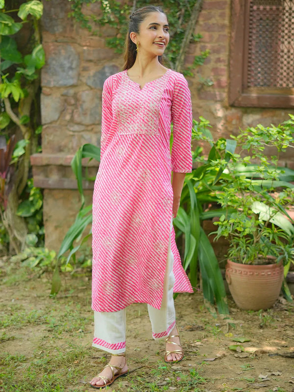 Pink Printed Cotton Straight Kurta Set