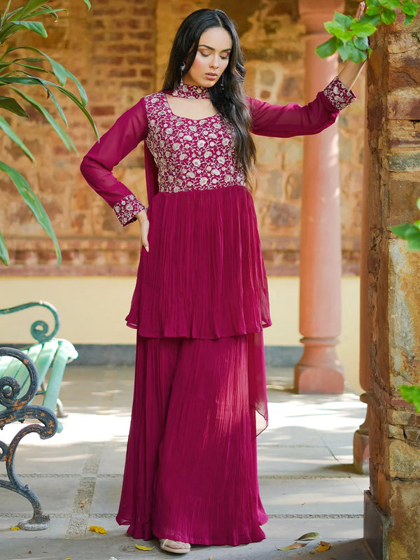 Jashvi Art Pink Embroidered Georgette A-Line Kurta With Sharara & Dupatta