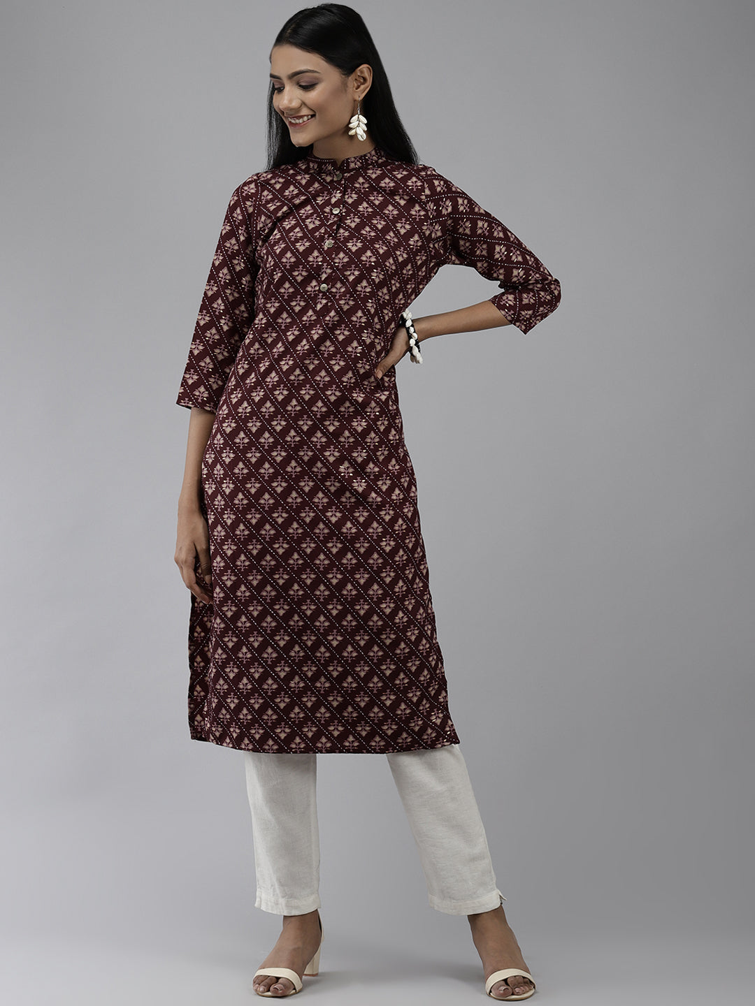 Women's Burgundy Ethnic Print Kurta - Yufta