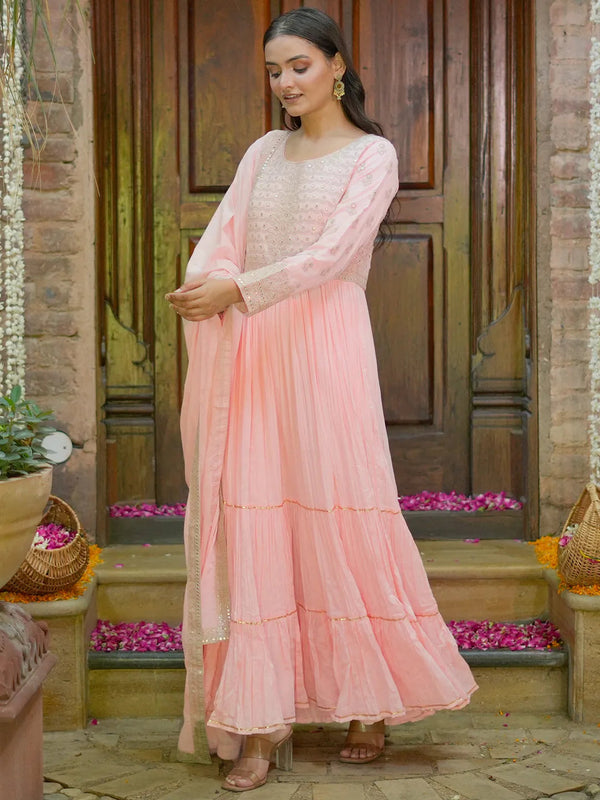 Jashvi Art Peach Embroidered Cotton Blend A-Line Kurta With Sharara & Dupatta