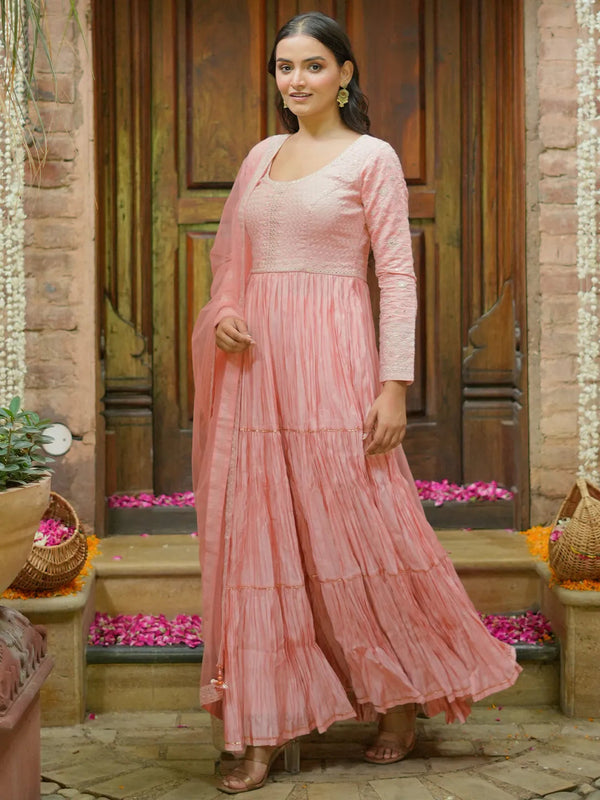 Jashvi Art Peach Embroidered Cotton Blend A-Line Kurta With Trousers & Dupatta