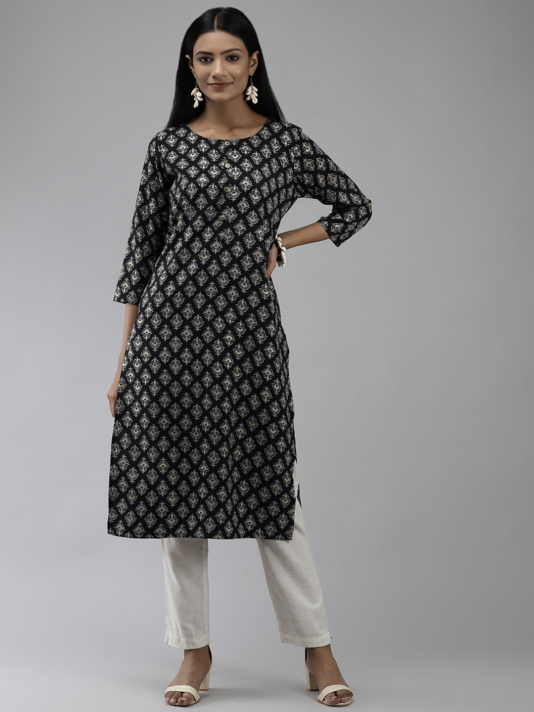 Women's Black & Grey Ethnic Printed Kurta With Foil Print - Yufta