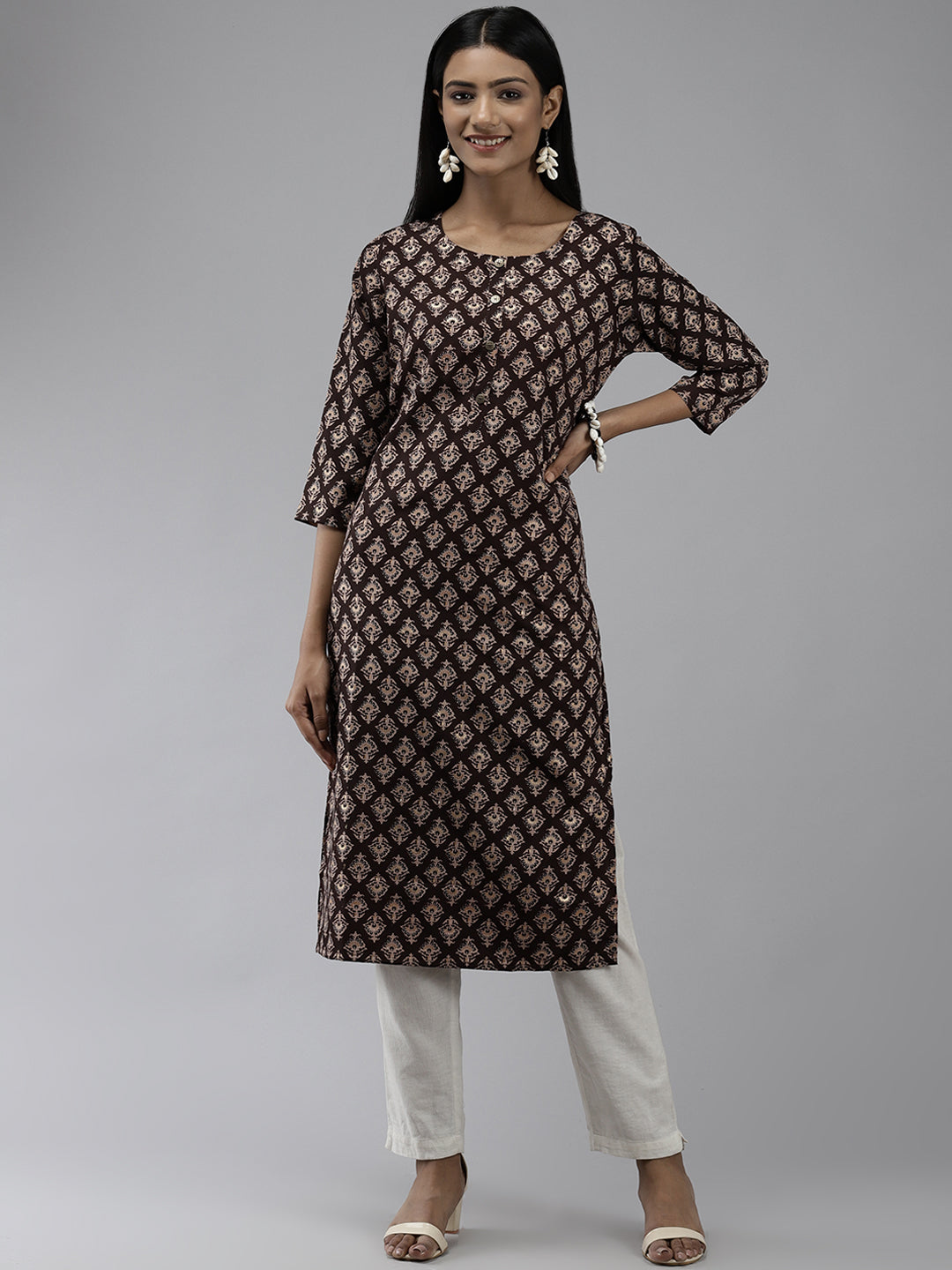 Women's Brown Ethnic Printed Kurta With Foil Print - Yufta